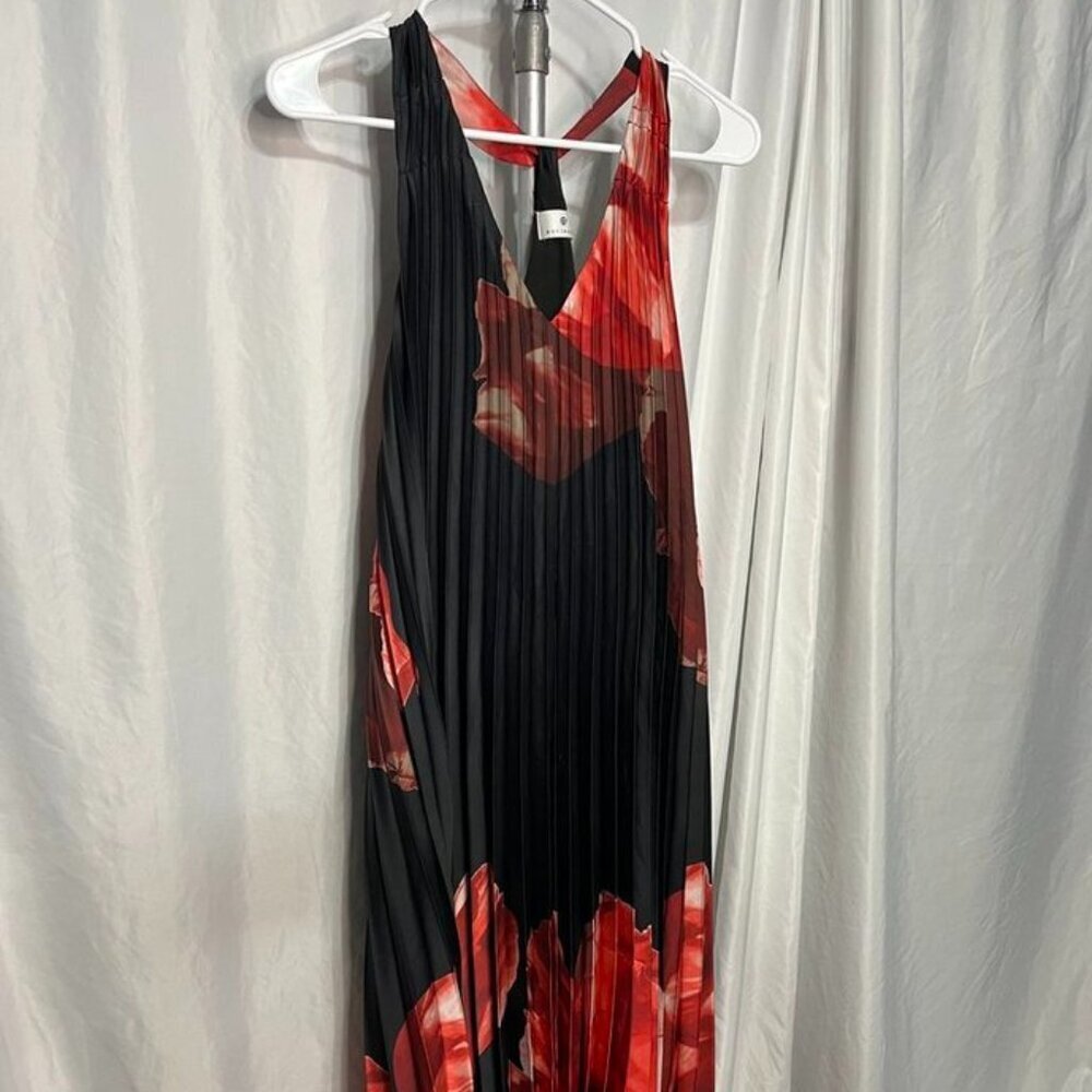 Socialite Sunburst Pleat Racerback Maxi Dress Black Red Floral V-Neck • EST ~XS - Picture 6 of 16
